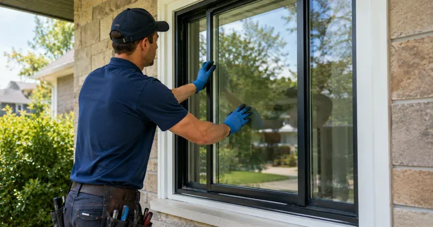 technician measuring a broken window pane for replacement in Petchville, Aurora