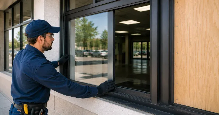 technician boarding a broken window after a break-in in Petchville, Aurora