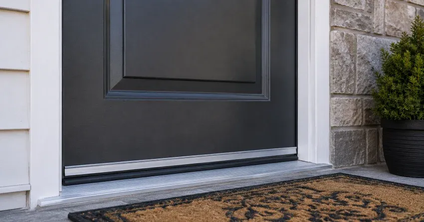technician replacing worn door weatherstripping in White Rose, Aurora home