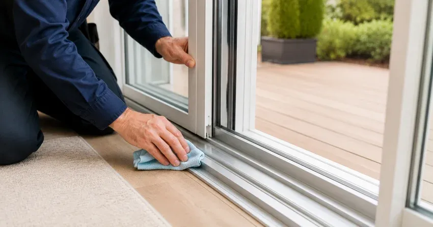 technician inspecting a sliding patio door track in White Rose, Aurora