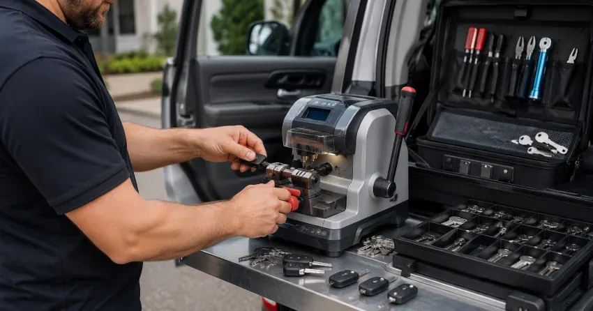 technician cutting a replacement car door lock key in Aurora Village, Aurora