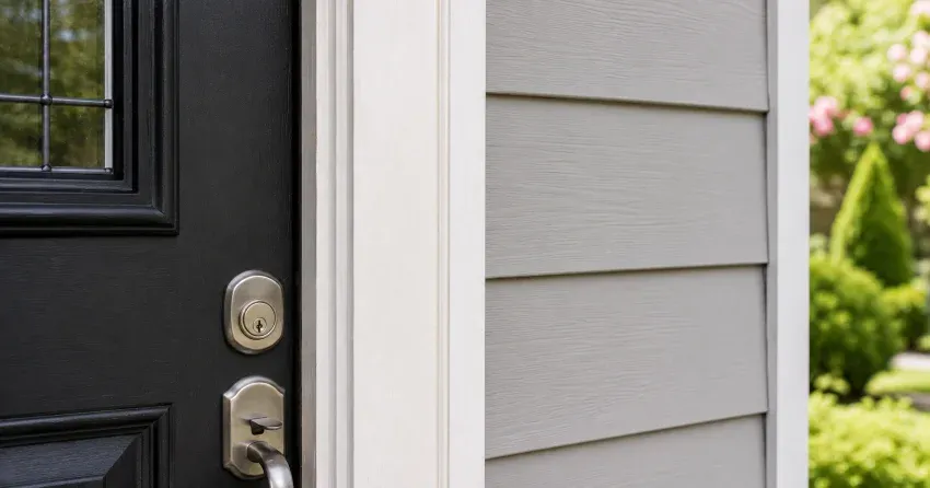 technician inspecting door jamb behind cracked casing in Aurora Village, Aurora home