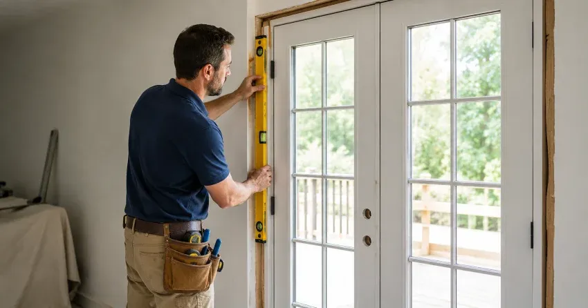 newly installed French doors with divided glass panes in Aurora Village, Aurora