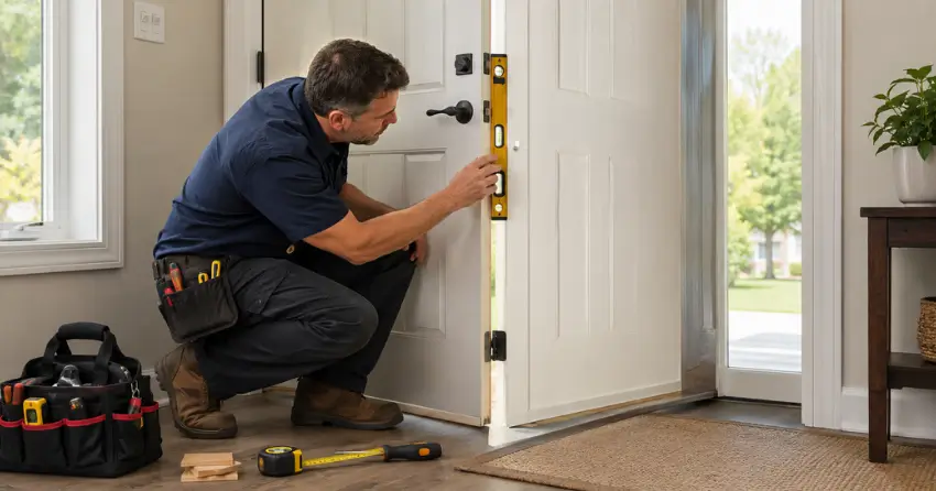 technician diagnosing a misaligned door frame in Petchville, Aurora