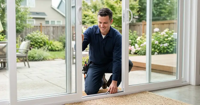 technician diagnosing a sticking patio door in Aurora Highlands, Aurora