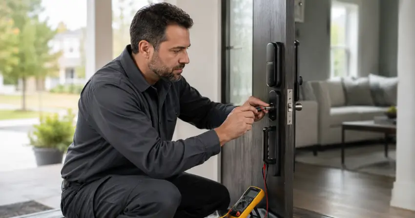 technician diagnosing automatic door lock mechanism on residential door in Aurora Estates, Aurora