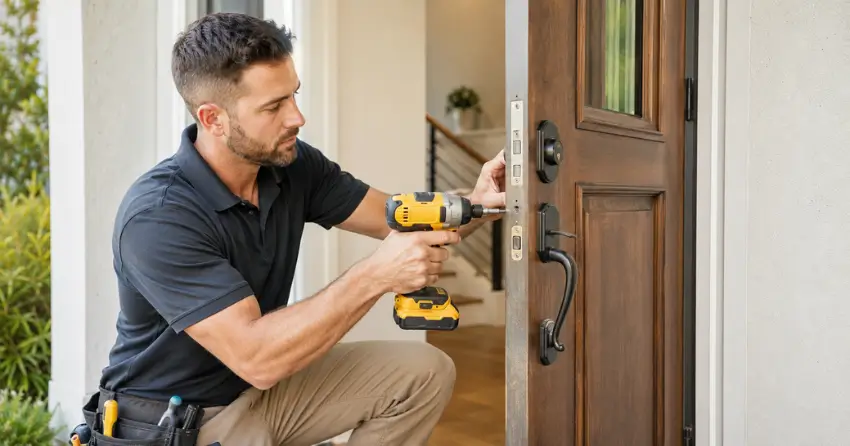 locksmith installing new deadbolt lock on front door in Aurora Highlands, Aurora