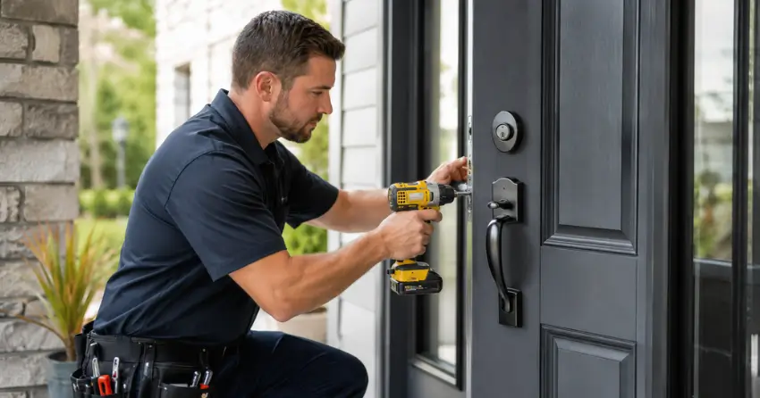 locksmith installing deadbolt lock on exterior door in Aurora