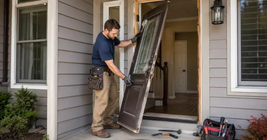 old exterior door being removed for replacement in Cherry, Aurora