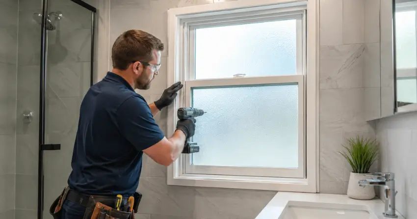 frosted glass installation bathroom window in Hills of St. Andrew, Aurora