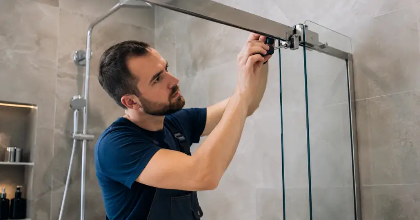 technician adjusting shower door hinge and track in Petchville, Aurora