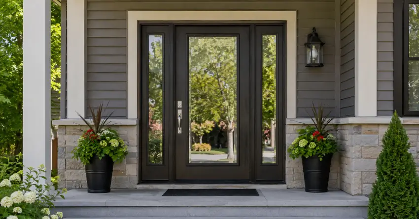 glass entry door with sidelights on a home in Aurora Heights, Aurora