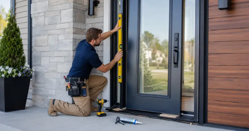 glass outside door installation with energy-efficient double-pane glazing in Aurora Village, Aurora