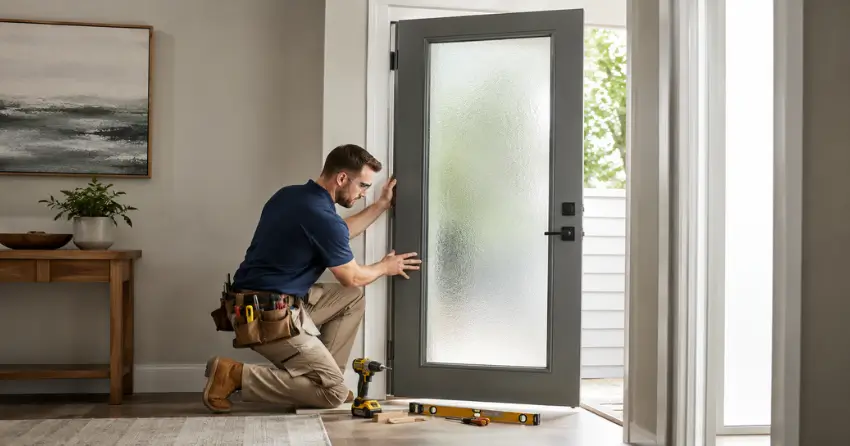glass panel door installation with frosted privacy glass in residential setting in Cherry, Aurora