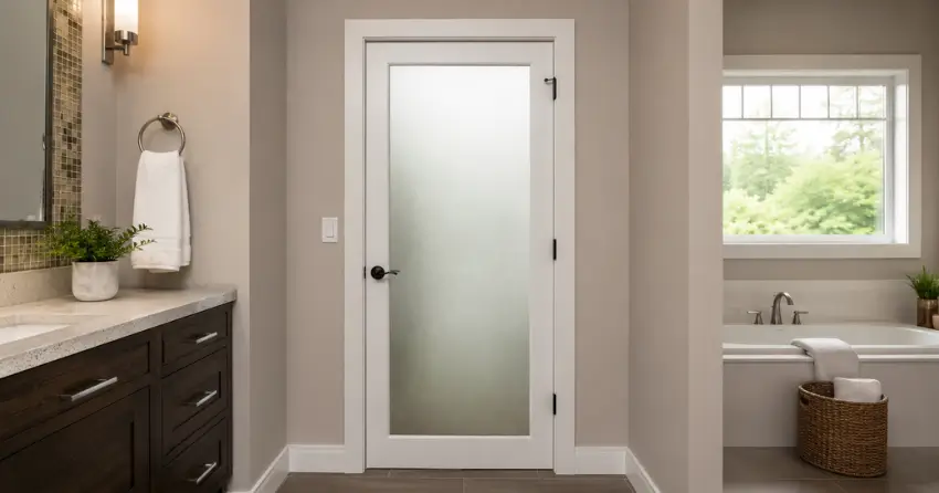 frosted glass panel bathroom door installed in a Aurora Village, Aurora home