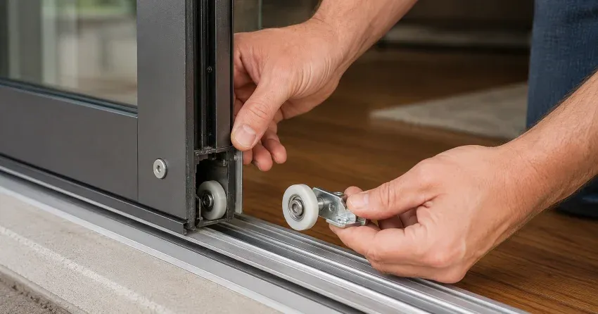 sliding door alignment Aurora Highlands, Aurora technician adjusting roller track