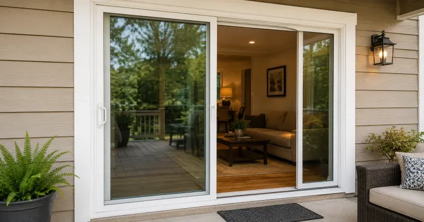 Patio Door Installation technician setting a new frame in Aurora Village, Aurora