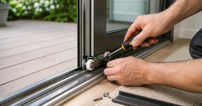 sliding door fix Cherry, Aurora technician diagnosing track issue