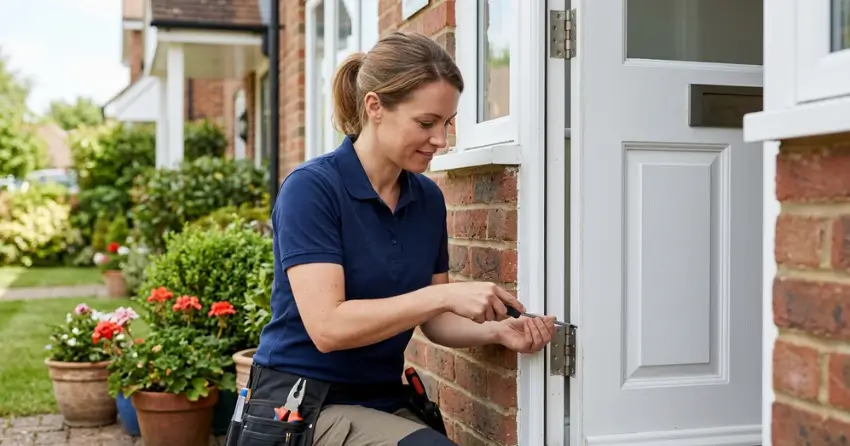 technician repairing exterior door hinge and frame in Aurora