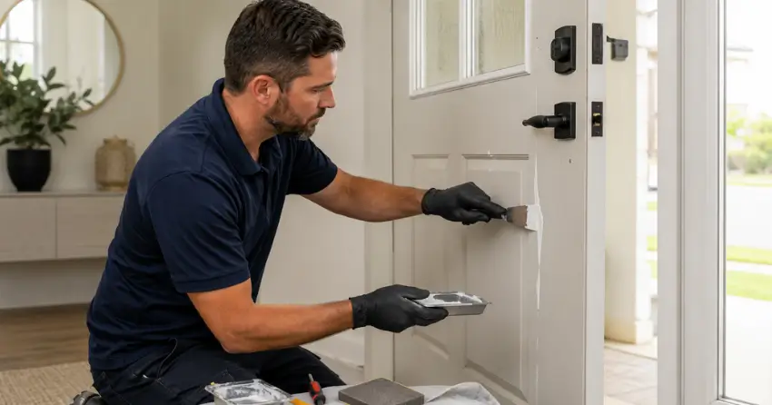 technician repairing fiberglass door surface crack in Hills of St. Andrew, Aurora