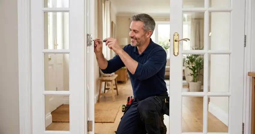 technician adjusting French door hinge for proper alignment in Aurora Heights, Aurora