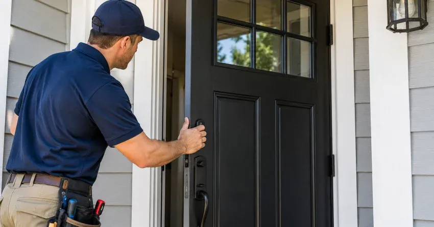technician adjusting door hinge and strike plate in Aurora Village, Aurora home
