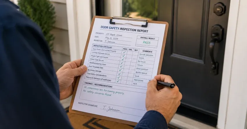 inspector checking strike plate and door frame during safety inspection in Aurora Heights, Aurora