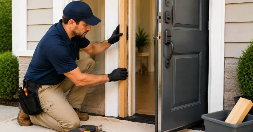 technician inspecting damaged door frame corner in Aurora Highlands, Aurora